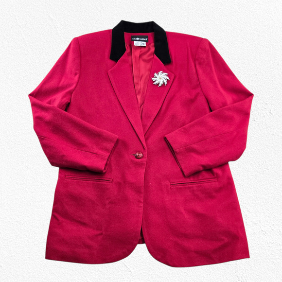 Vintage 80s Red Wool Blazer Velvet Collar & Brooch Accent Career Jacket Size 16 - Picture 2 of 7